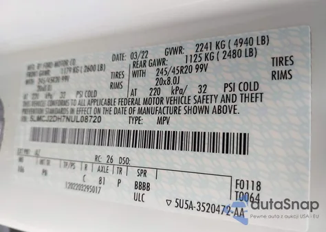 2022 Lincoln Corsair Reserve z USA, uszkodzony, nr VIN 5LMCJ2DH7NUL08720